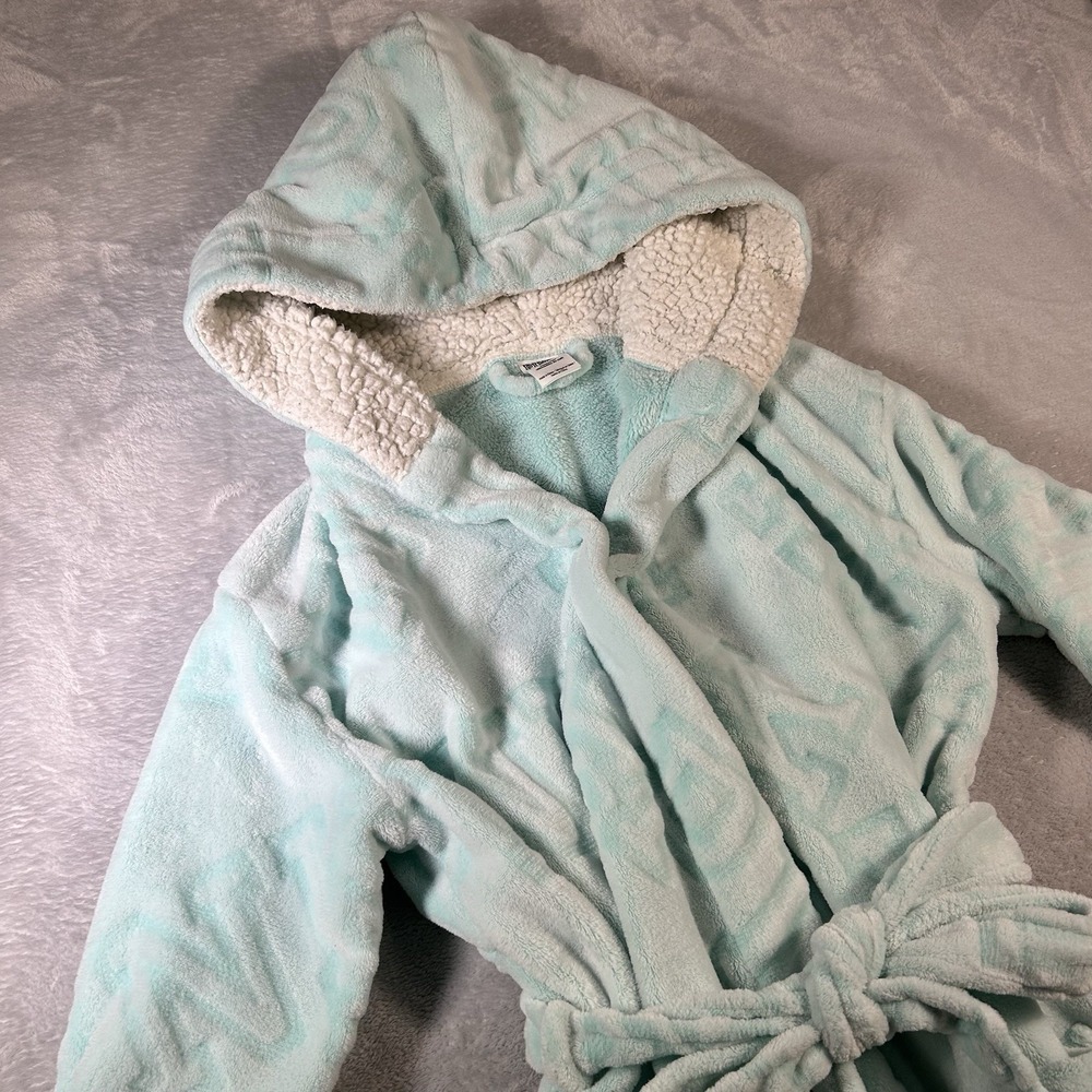 Victorias Secret PINK Plush Fleece Robe ML Mint Green Sherpa Hood Fluffy Belted - Picture 5 of 14